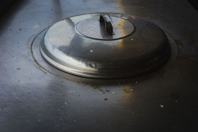 High angle view of water drops on metal