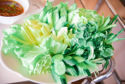 High angle view of chopped vegetables in plate