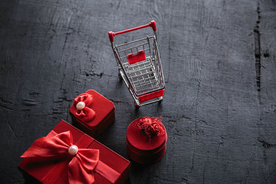 High angle view of red box on table