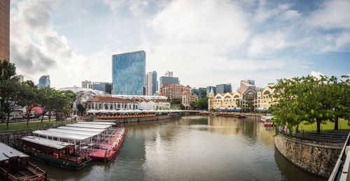 Boats in river by city against sky