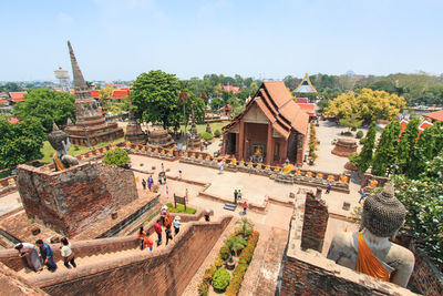 High angle view of people at wat yai chai mongkhon