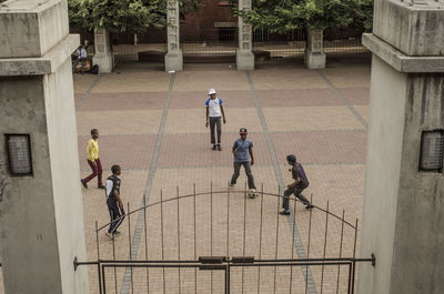 High angle view of people playing soccer