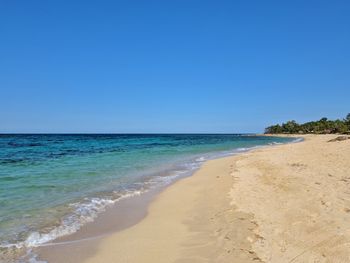 Scenic view of beach against clear blue sky