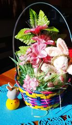 High angle view of pink roses on table