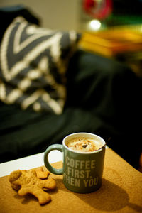 Close-up of coffee cup on table