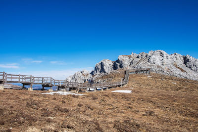 Scenic view of rocky mountains against clear blue sky