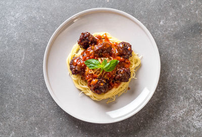 High angle view of food in plate on table