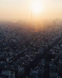 High angle view of cityscape during sunset