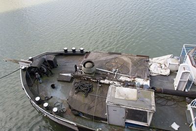 High angle view of ship in sea against sky