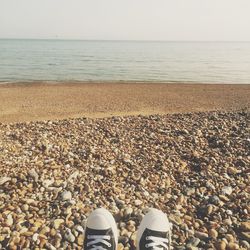 Low section of man standing on beach