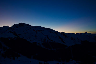 Scenic view of mountains against clear sky during winter