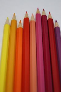 Close-up of colored pencils against white background