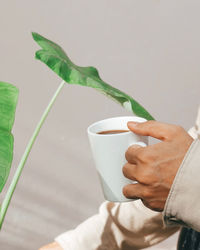 Close-up of hand holding coffee cup