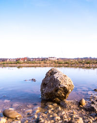 Rocks on beach against clear sky