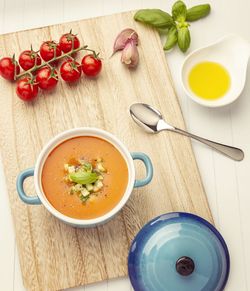 High angle view of soup served on table