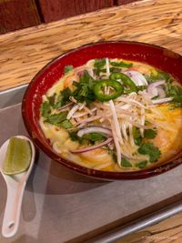 Close-up of soup in bowl on table