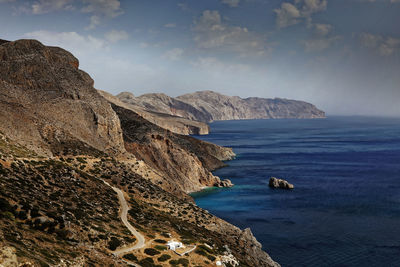 Scenic view of sea and mountains against sky