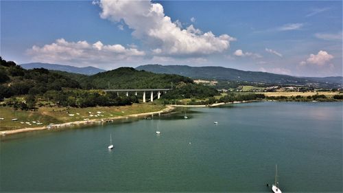 Scenic view of bay against sky