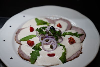 Close-up of served food in plate