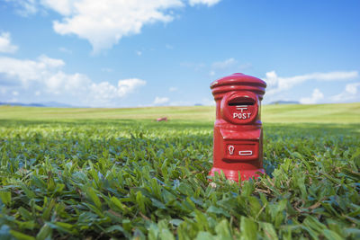 Red mailbox on field against sky