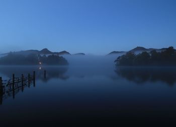 Scenic view of lake against clear blue sky