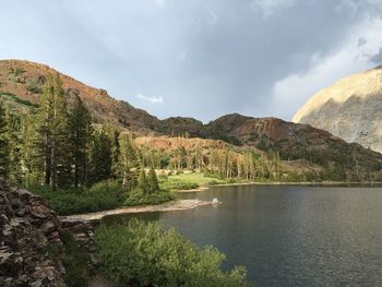 Scenic shot of calm countryside lake against mountain range