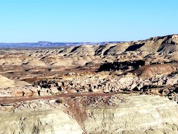 Scenic view of rocks against clear blue sky