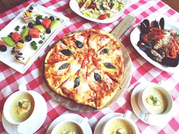 High angle view of pizza on table