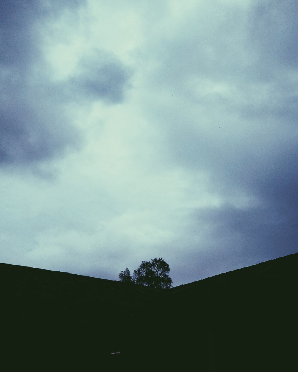 sky, silhouette, low angle view, cloud - sky, tree, cloudy, built structure, building exterior, architecture, cloud, nature, dusk, beauty in nature, tranquility, scenics, outdoors, house, high section, no people, weather