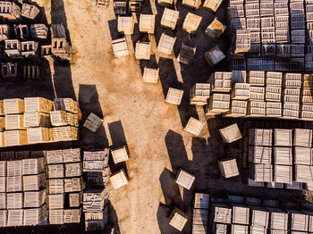 High angle view of crates on field