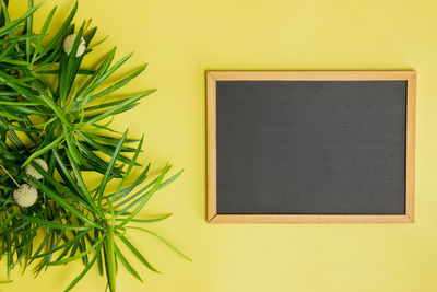 Black board with green leaves over the yellow background.