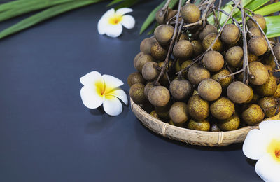 High angle view of fruits in basket on table