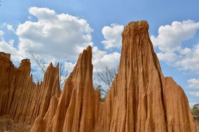 Low angle view of rock formations against sky