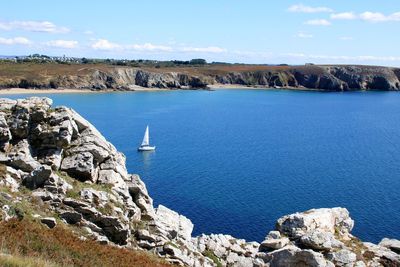 Scenic view of sea and rocks against sky