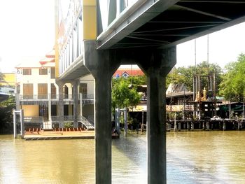 Bridge over river by buildings in city