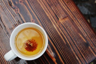 High angle view of tea served on table