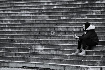 High angle view of man on staircase