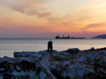 Silhouette man standing on rock by sea against sky during sunset