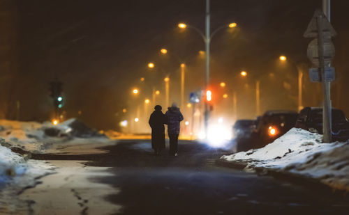 Rear view of people on street at night during winter