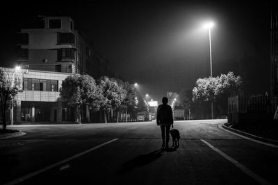 Silhouette person walking with dog on street at night