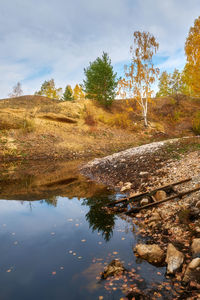 Reflection of trees in lake against sky