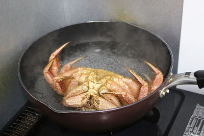 High angle view of meat in cooking pan