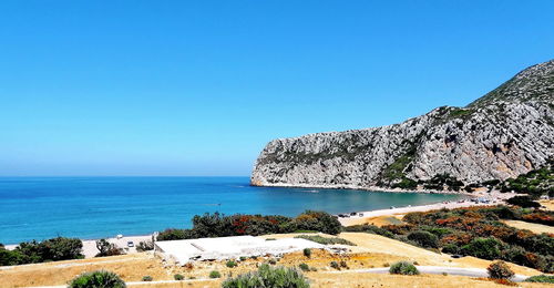 Scenic view of sea against clear blue sky