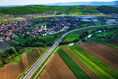 High angle view of golf course on field