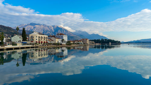 Beautiful view of the sea promenade of the city of tivat in montenegro