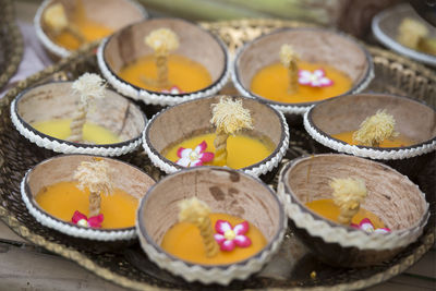 Close-up of diyas in plate