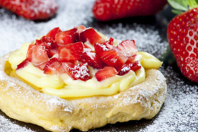 Close-up of strawberry tart on table