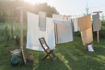 A place for drying linen, sheets and clothes on the street in the courtyard of a village house. 