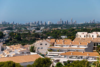 High angle view of townscape against clear sky