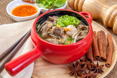 High angle view of soup in bowl on table